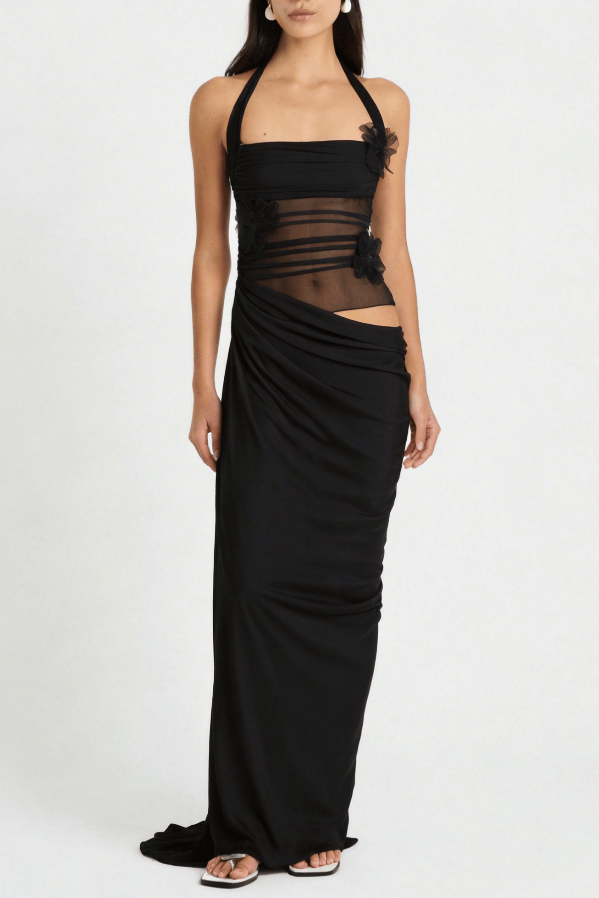 Alegria Halter Floral Mesh Draped Maxi Dress - Black