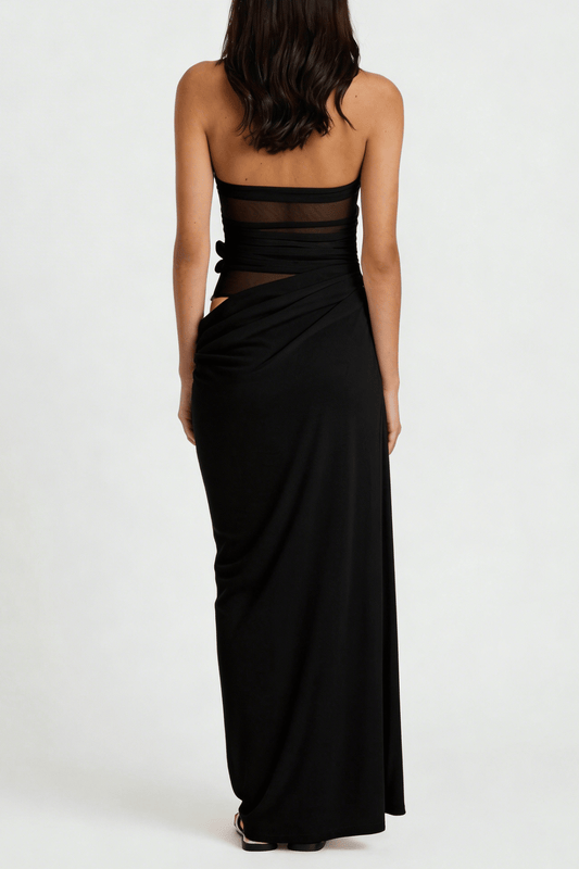 Alegria Halter Floral Mesh Draped Maxi Dress - Black