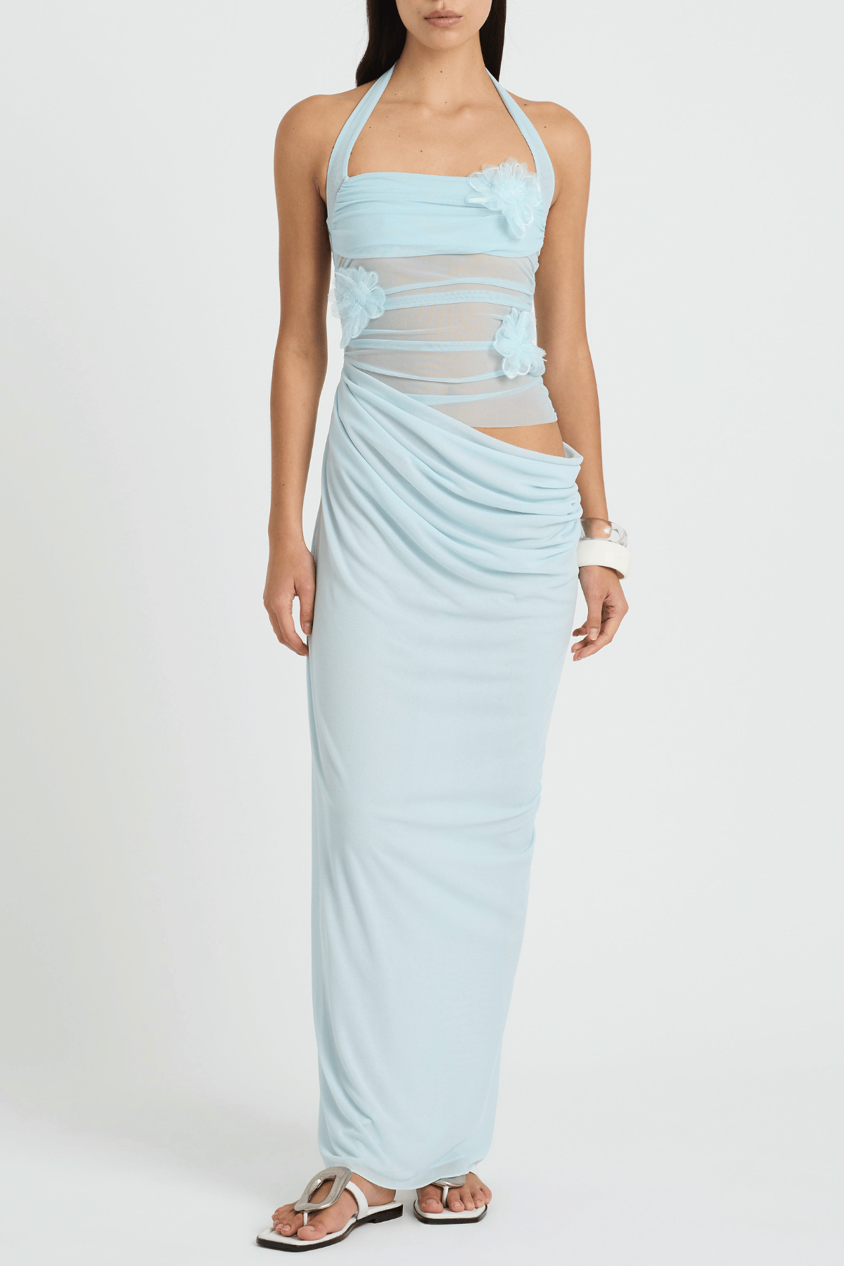 Alegria Halter Floral Mesh Draped Maxi Dress - Blue