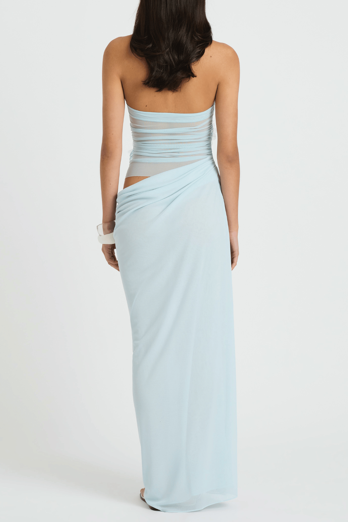 Alegria Halter Floral Mesh Draped Maxi Dress - Blue