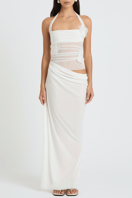 Alegria Halter Floral Mesh Draped Maxi Dress - White