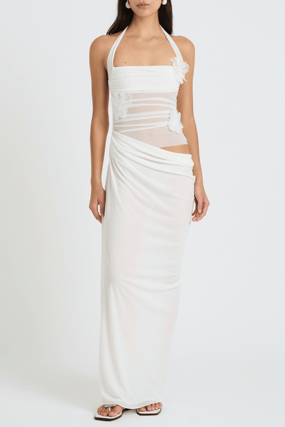 Alegria Halter Floral Mesh Draped Maxi Dress - White