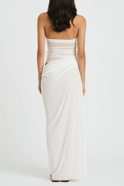 Alegria Halter Floral Mesh Draped Maxi Dress - White