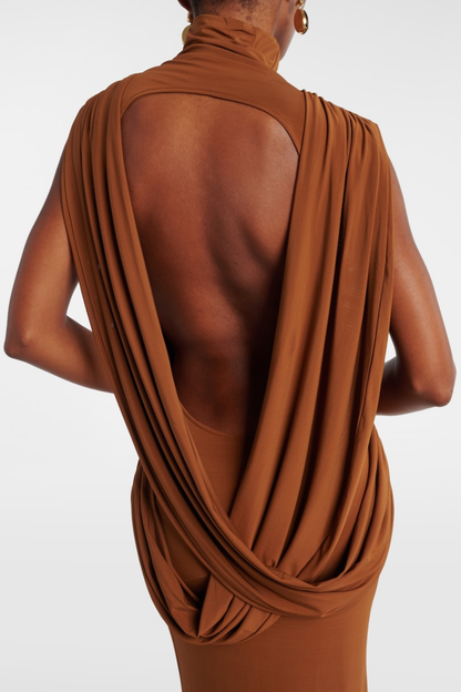 Alerica Sleeveless Backless Draped Maxi Dress - Brown