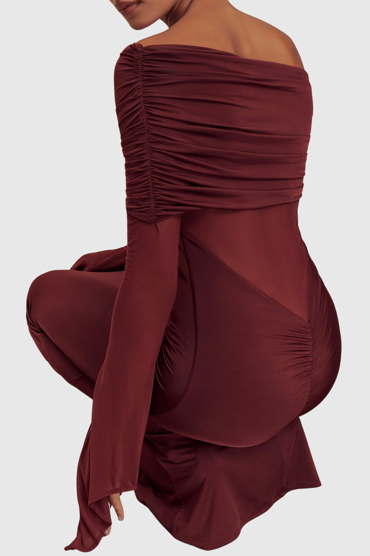 Aletris Off Shoulder Mesh Maxi Dress - Brown