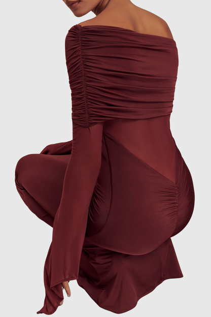 Aletris Off Shoulder Mesh Maxi Dress - Brown