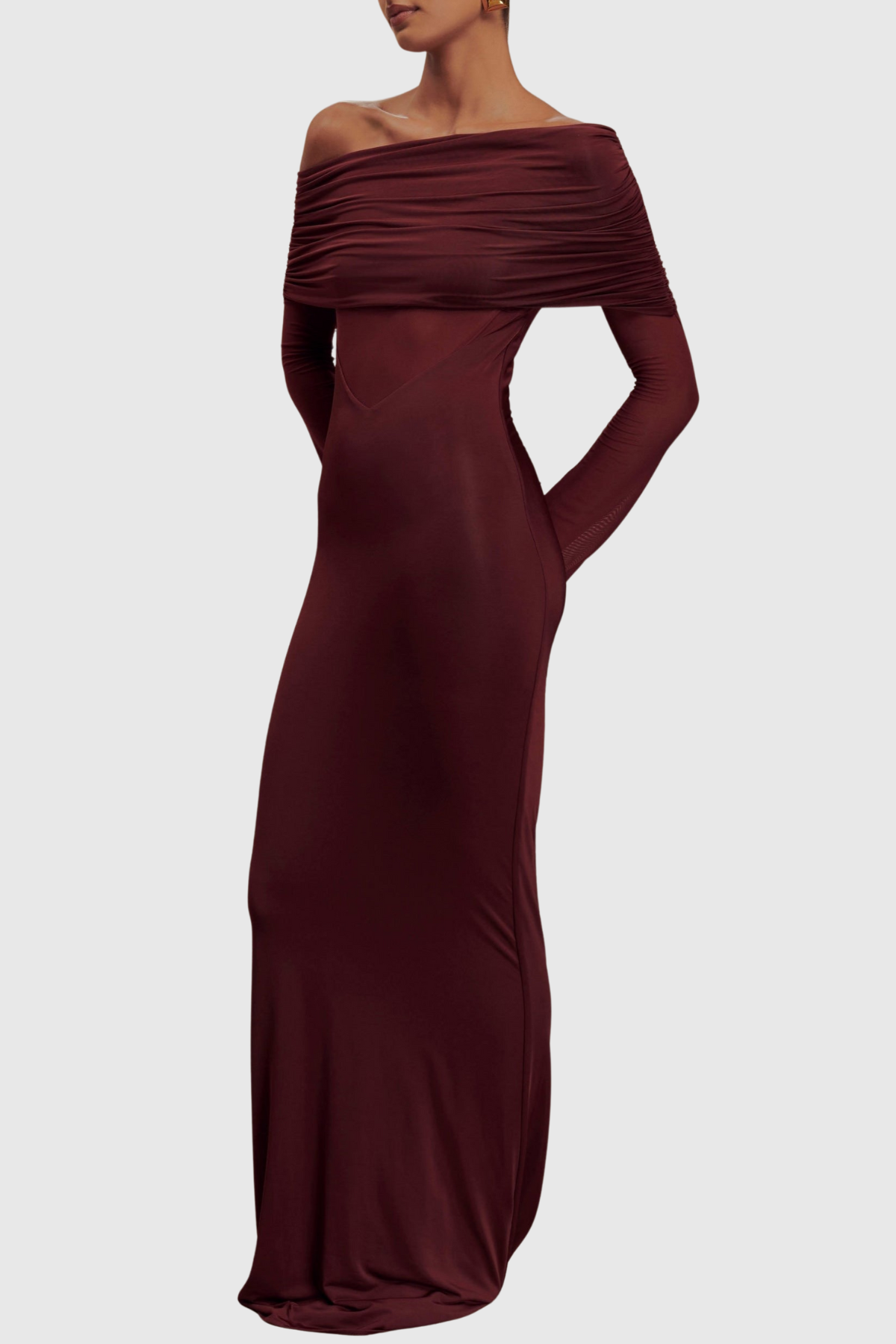 Aletris Off Shoulder Mesh Maxi Dress - Brown