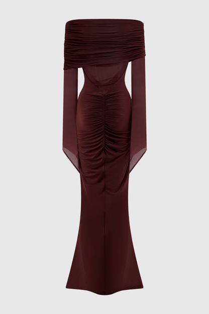Aletris Off Shoulder Mesh Maxi Dress - Brown