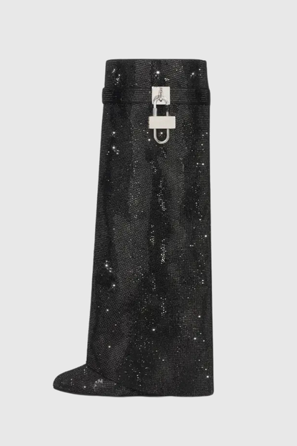 Alfs Crystal Embellished Lock Knee-high Boots - Black