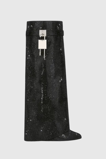 Alfs Crystal Embellished Lock Knee-high Boots - Black