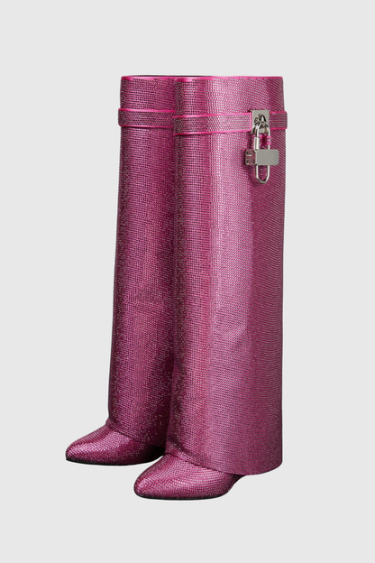 Alfs Crystal Embellished Lock Knee-high Boots - Pink