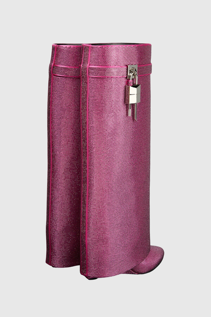 Alfs Crystal Embellished Lock Knee-high Boots - Pink
