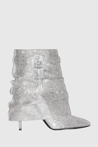 Alfs Crystal Embellished Lock Stiletto Ankle Boots