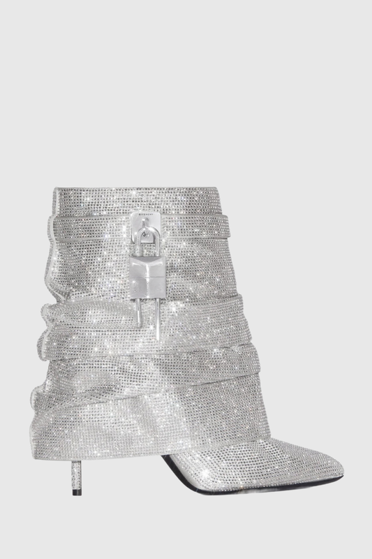 Alfs Crystal Embellished Lock Stiletto Ankle Boots