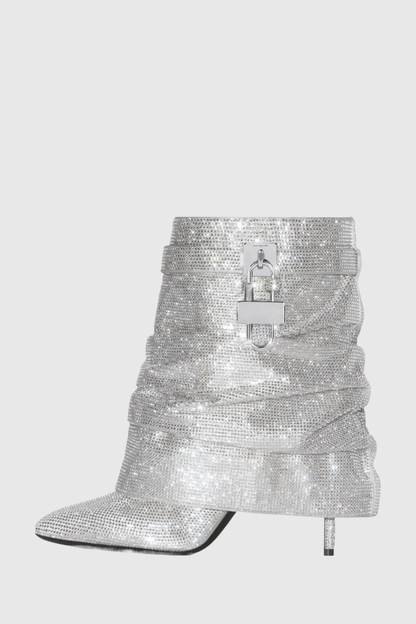 Alfs Crystal Embellished Lock Stiletto Ankle Boots