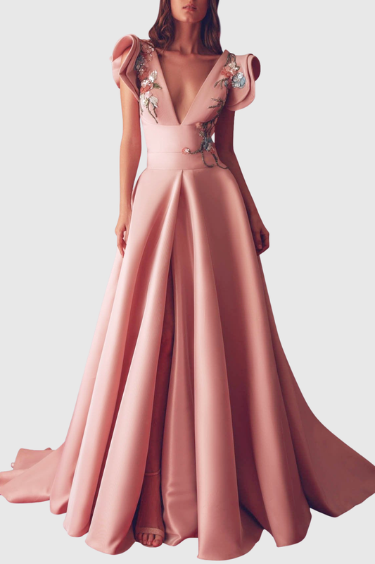 Alianna Floral Sequin Embroidered Ruffle Maxi Dress
