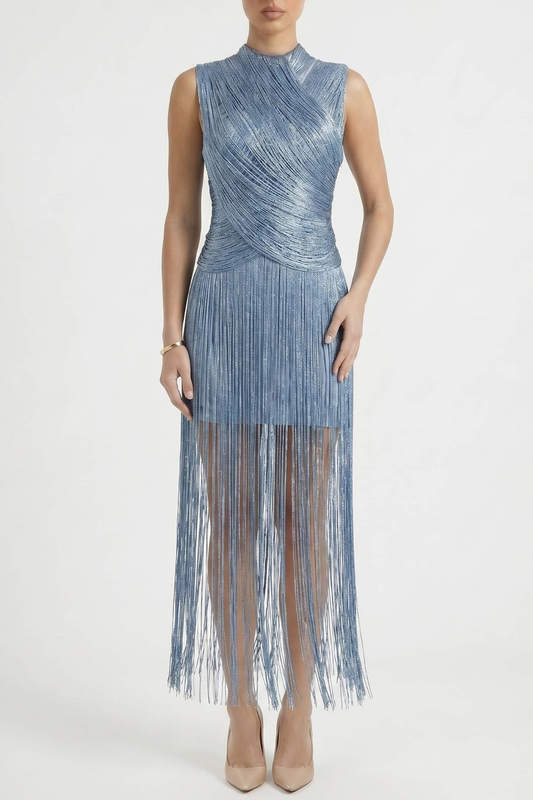 Alicent Sleeveless Fringe Maxi Dress - Blue