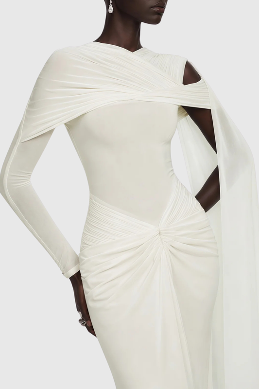 Alicez Asymmetric Sleeves Ruched Maxi Dress