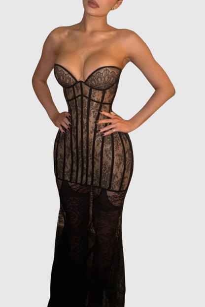 Alisha Strapless Lace Corset Maxi Dress