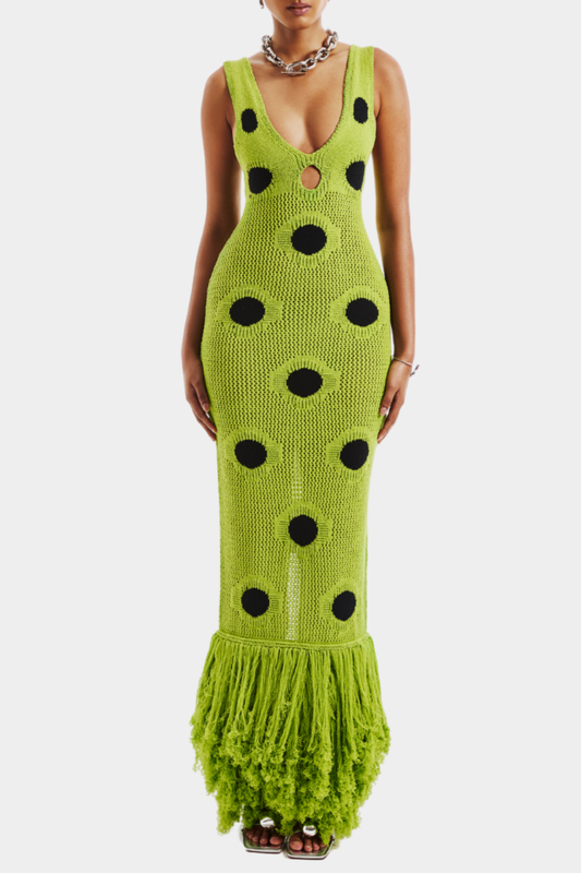 Aliyah Cutout Fringe Knit Maxi Dress - Green