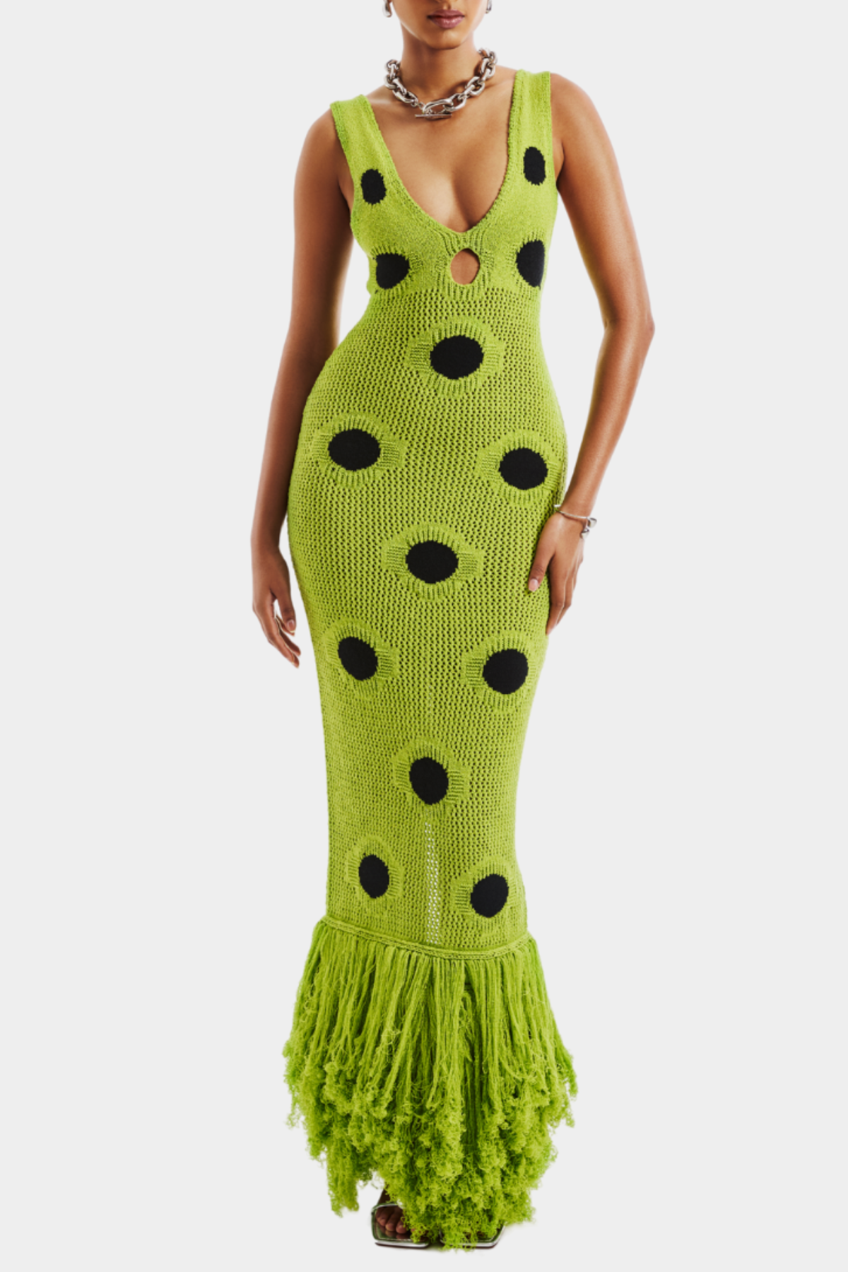 Aliyah Cutout Fringe Knit Maxi Dress - Green