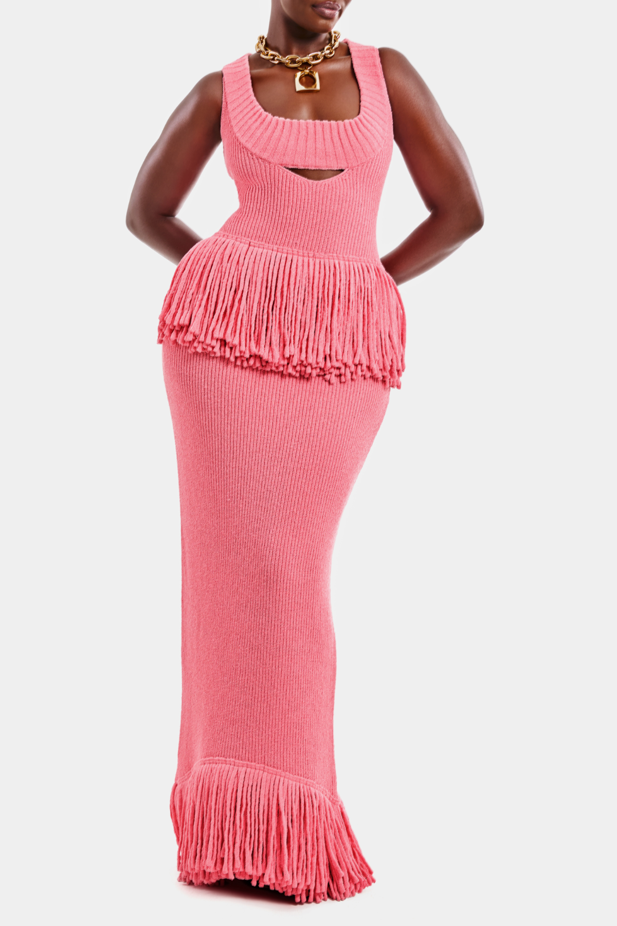 Aliyah Cutout Fringe Knit Maxi Dress - Pink