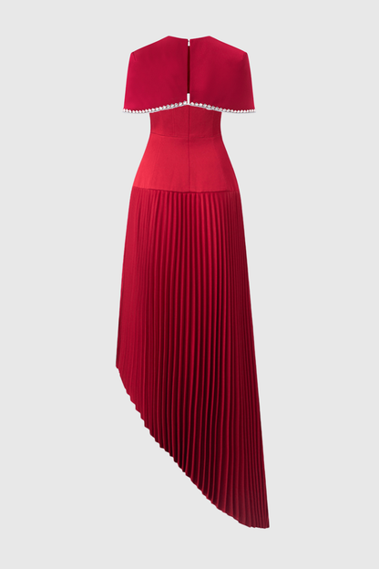 Alizea Rhinestone Cape Asymmetric Pleated Midi Dress