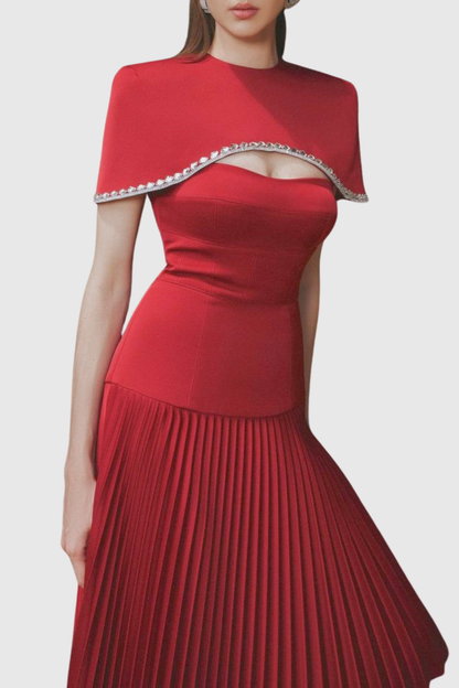 Alizea Rhinestone Cape Asymmetric Pleated Midi Dress