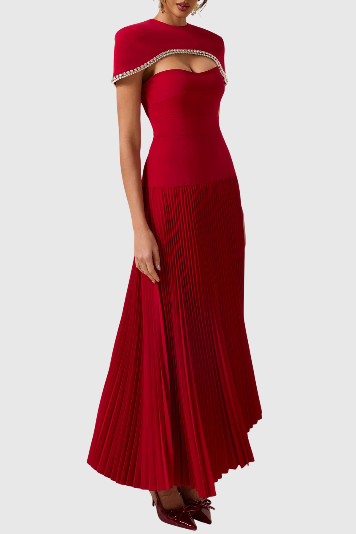 Alizea Rhinestone Cape Asymmetric Pleated Midi Dress
