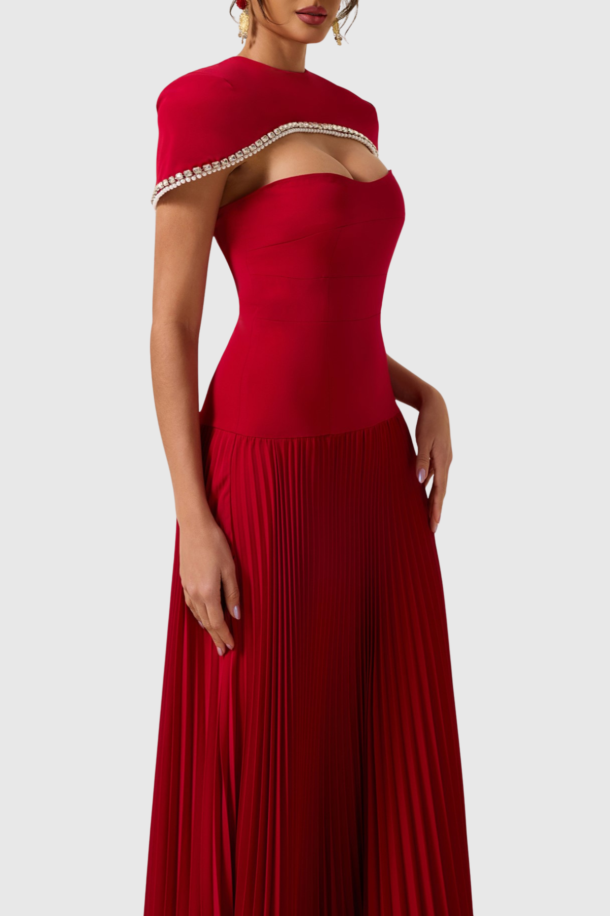 Alizea Rhinestone Cape Asymmetric Pleated Midi Dress