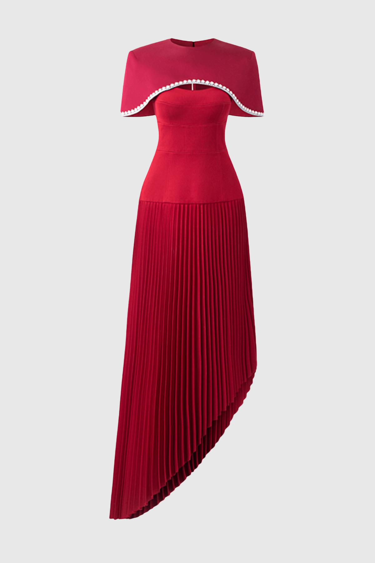 Alizea Rhinestone Cape Asymmetric Pleated Midi Dress