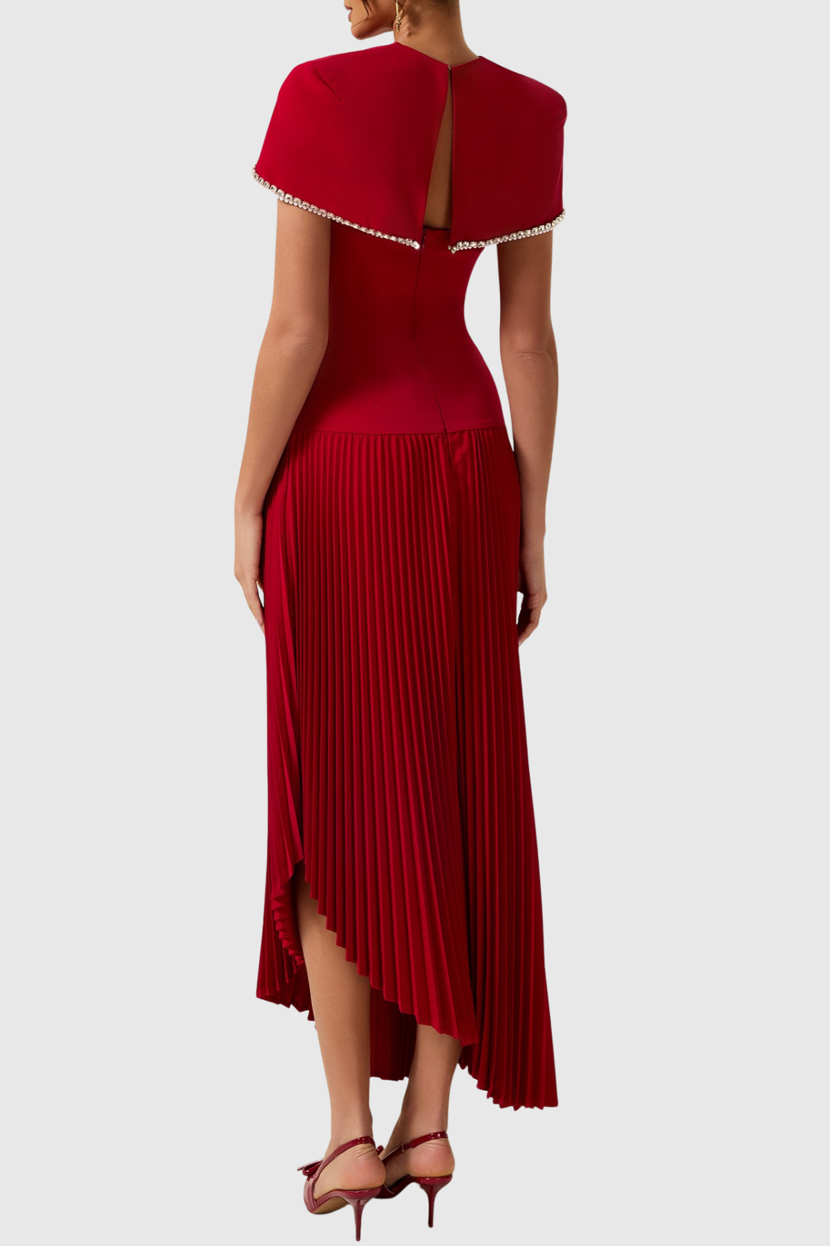 Alizea Rhinestone Cape Asymmetric Pleated Midi Dress