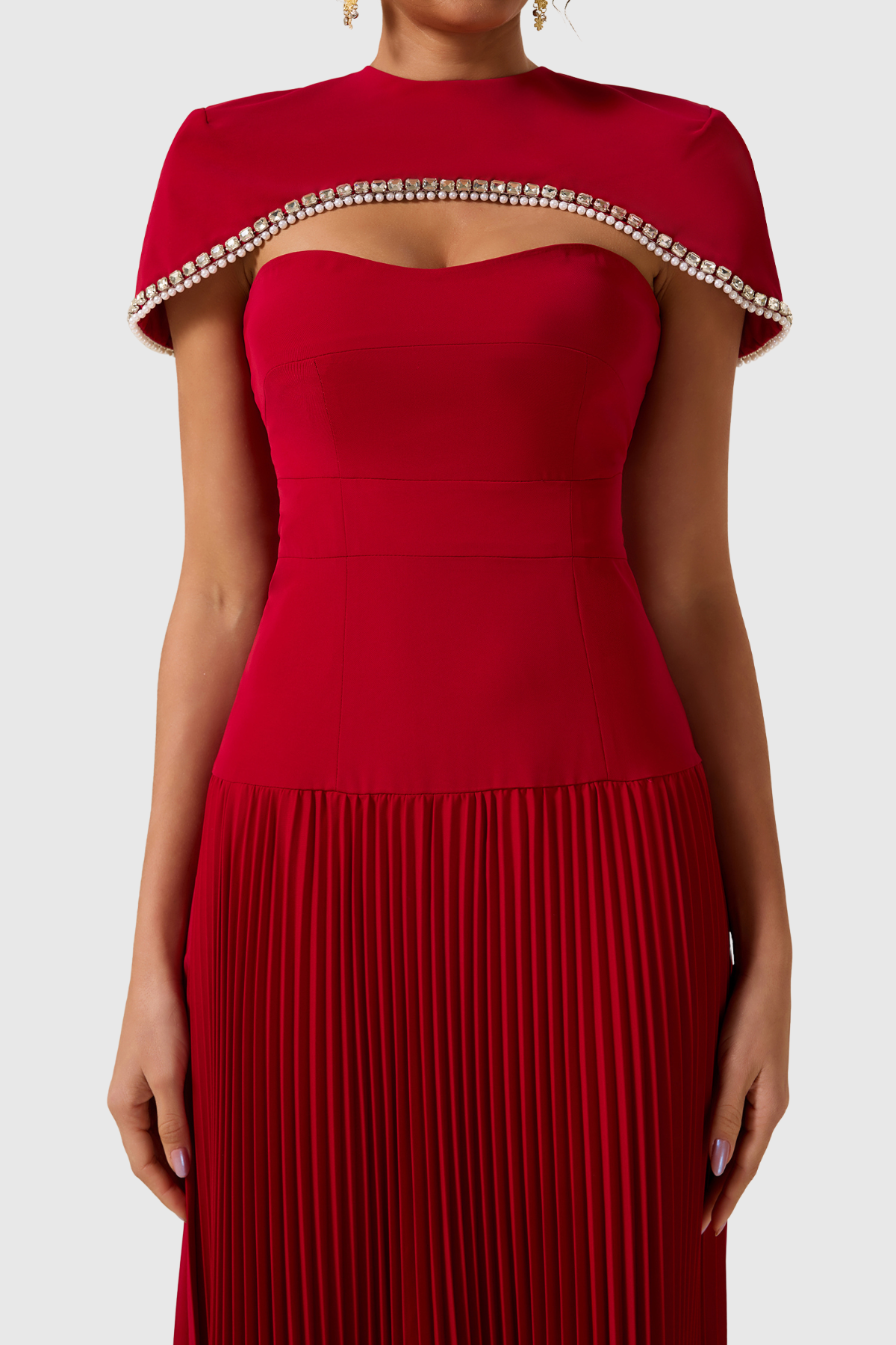 Alizea Rhinestone Cape Asymmetric Pleated Midi Dress