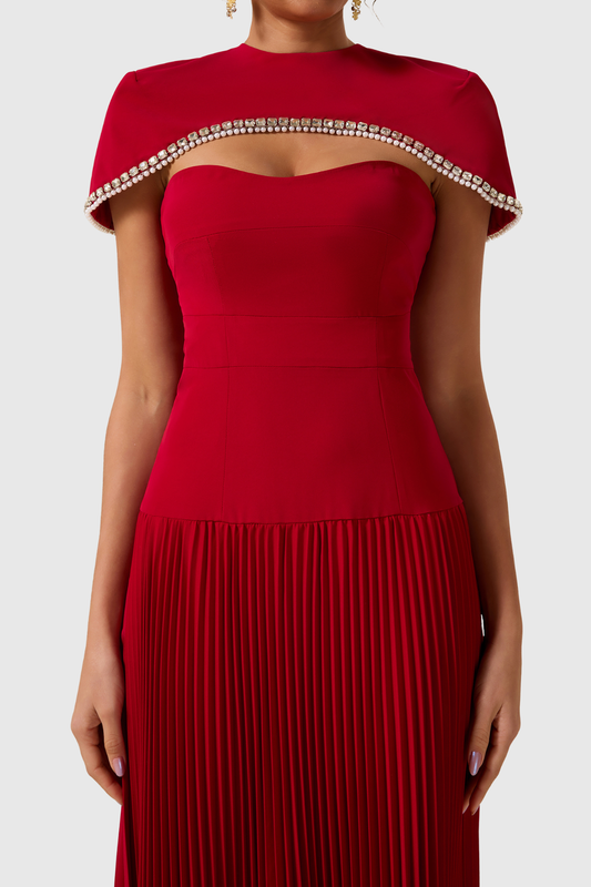 Alizea Rhinestone Cape Asymmetric Pleated Midi Dress