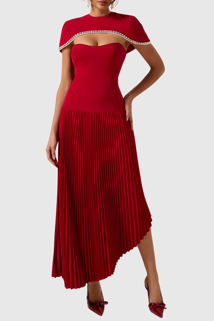 Alizea Rhinestone Cape Asymmetric Pleated Midi Dress