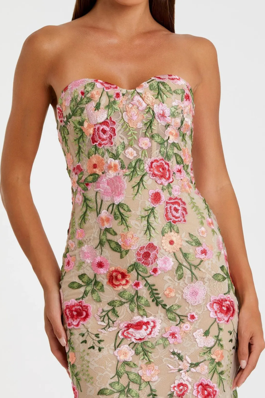 Aloe Floral Embroidered Strapless Maxi Dress