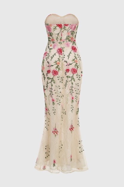 Aloe Floral Embroidered Strapless Maxi Dress