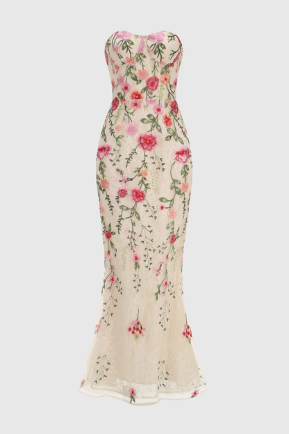 Aloe Floral Embroidered Strapless Maxi Dress