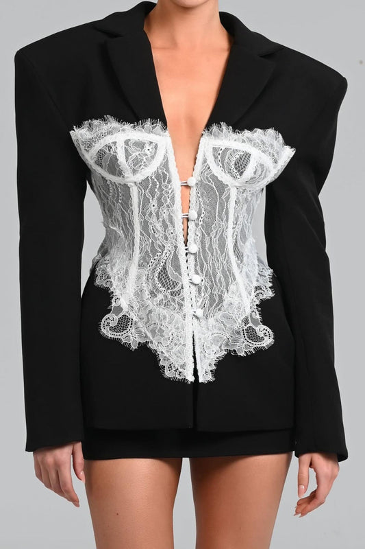 Alvera Lace Corset Blazer - Black