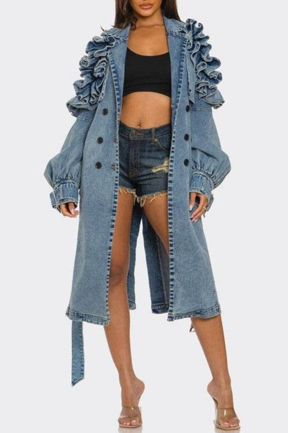 Amaha Ruffle Denim Trench Coat