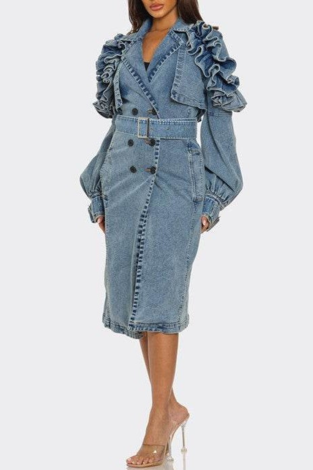 Amaha Ruffle Denim Trench Coat