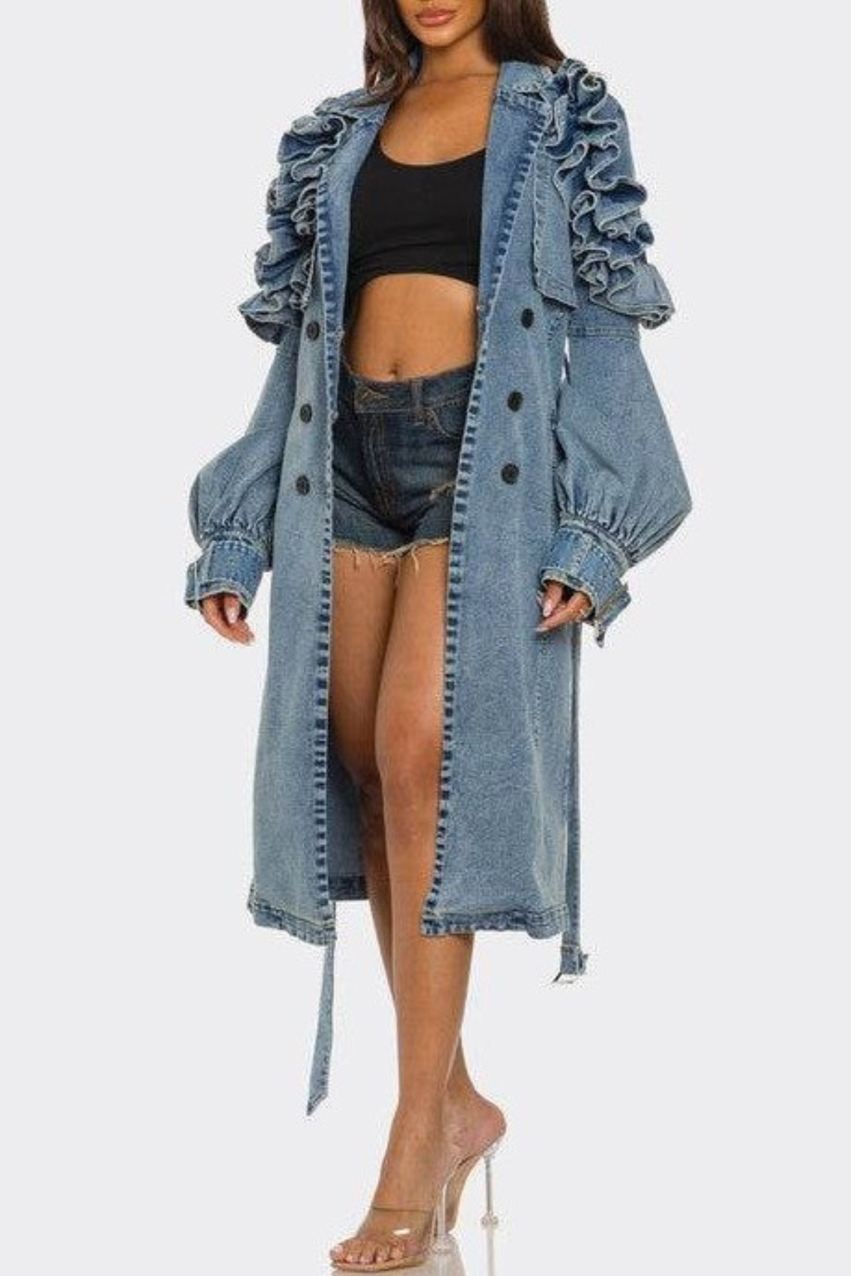 Amaha Ruffle Denim Trench Coat