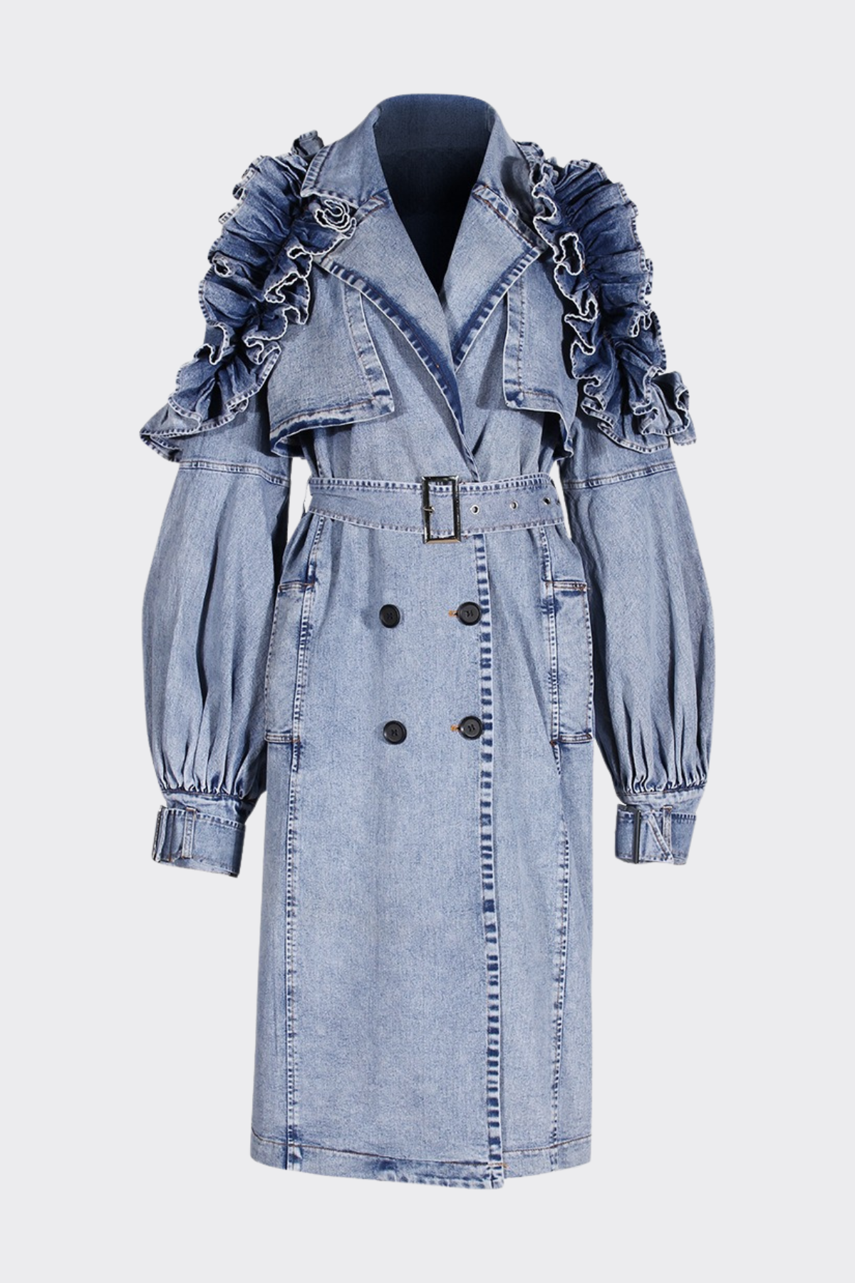 Amaha Ruffle Denim Trench Coat