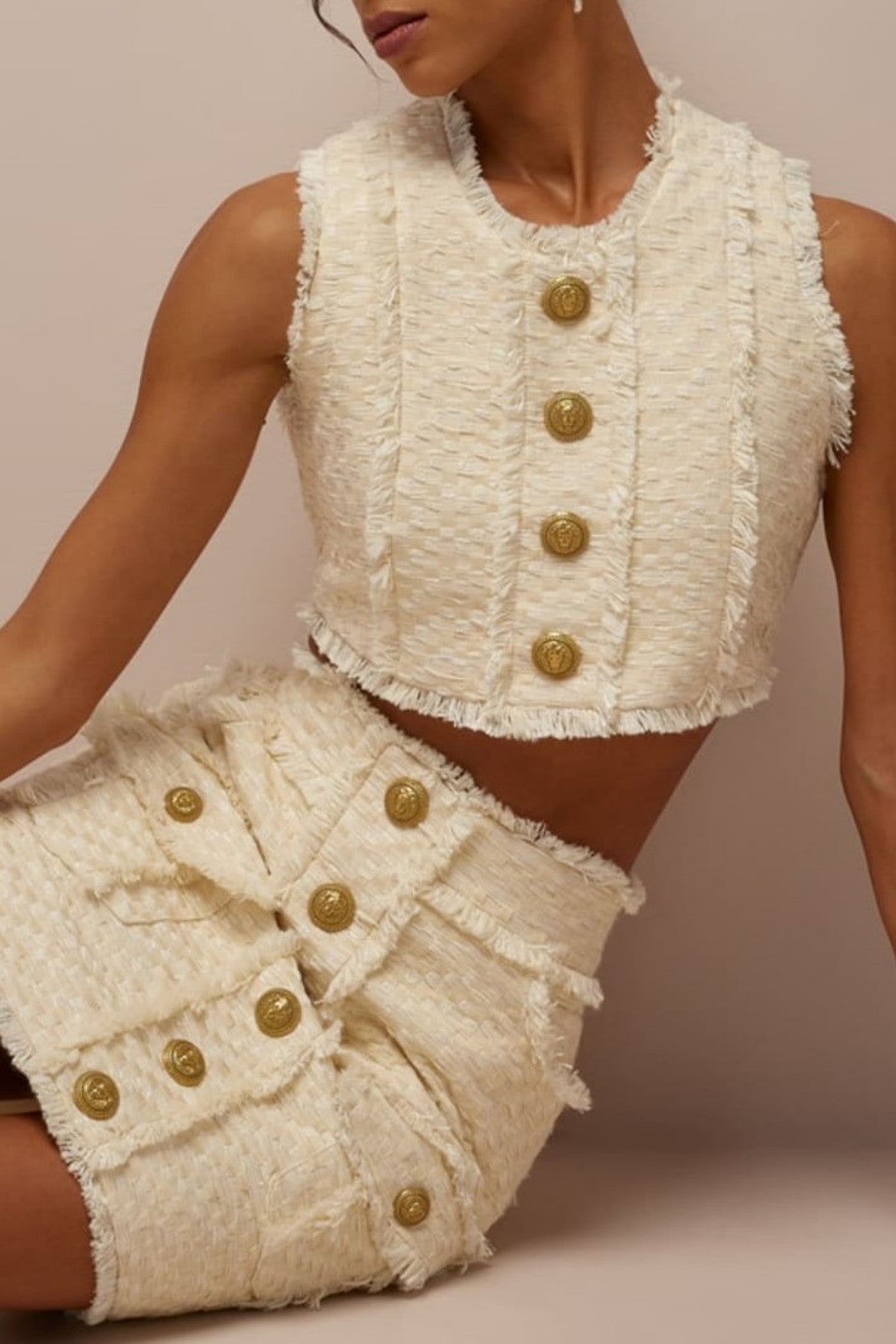 Amaia Tweed Sleeveless Buttoned Crop Top