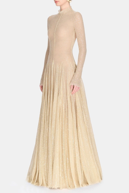 Amalie Sequin Embellished Mesh Maxi Dress - Beige