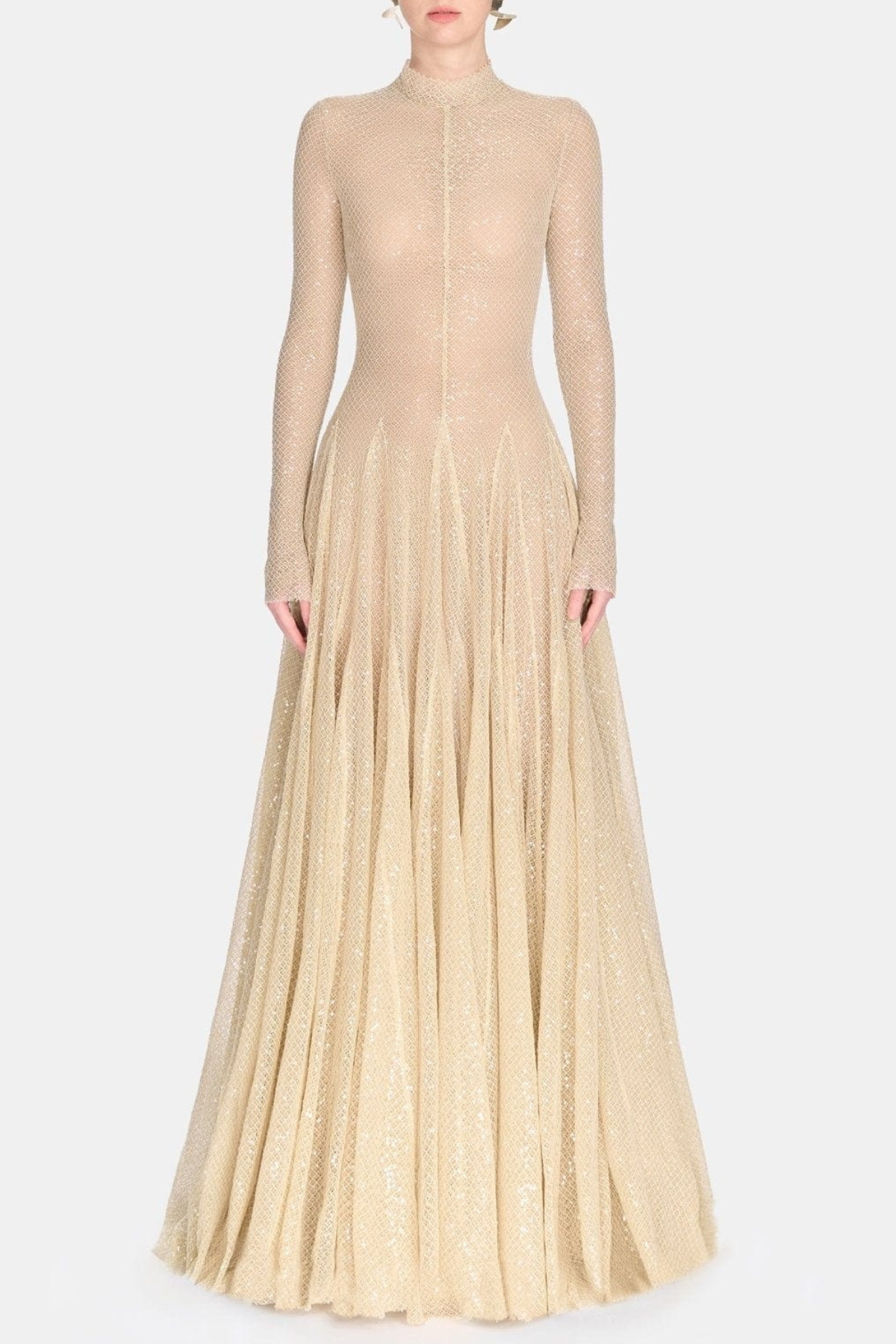Amalie Sequin Embellished Mesh Maxi Dress - Beige