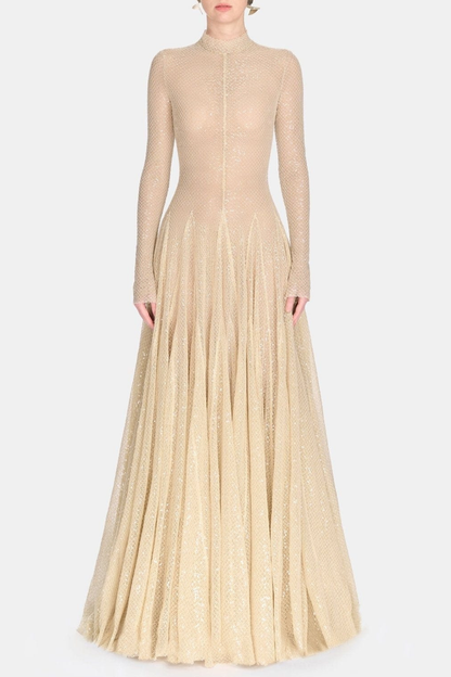 Amalie Sequin Embellished Mesh Maxi Dress - Beige