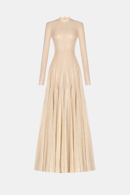 Amalie Sequin Embellished Mesh Maxi Dress - Beige