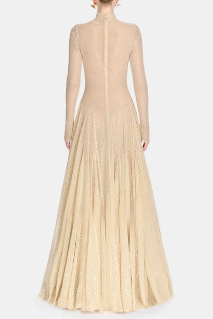 Amalie Sequin Embellished Mesh Maxi Dress - Beige