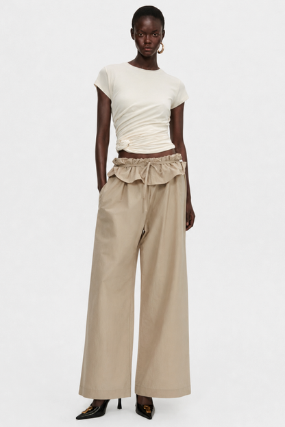 Amare Low-rise Ruffle Waist Trousers - Beige